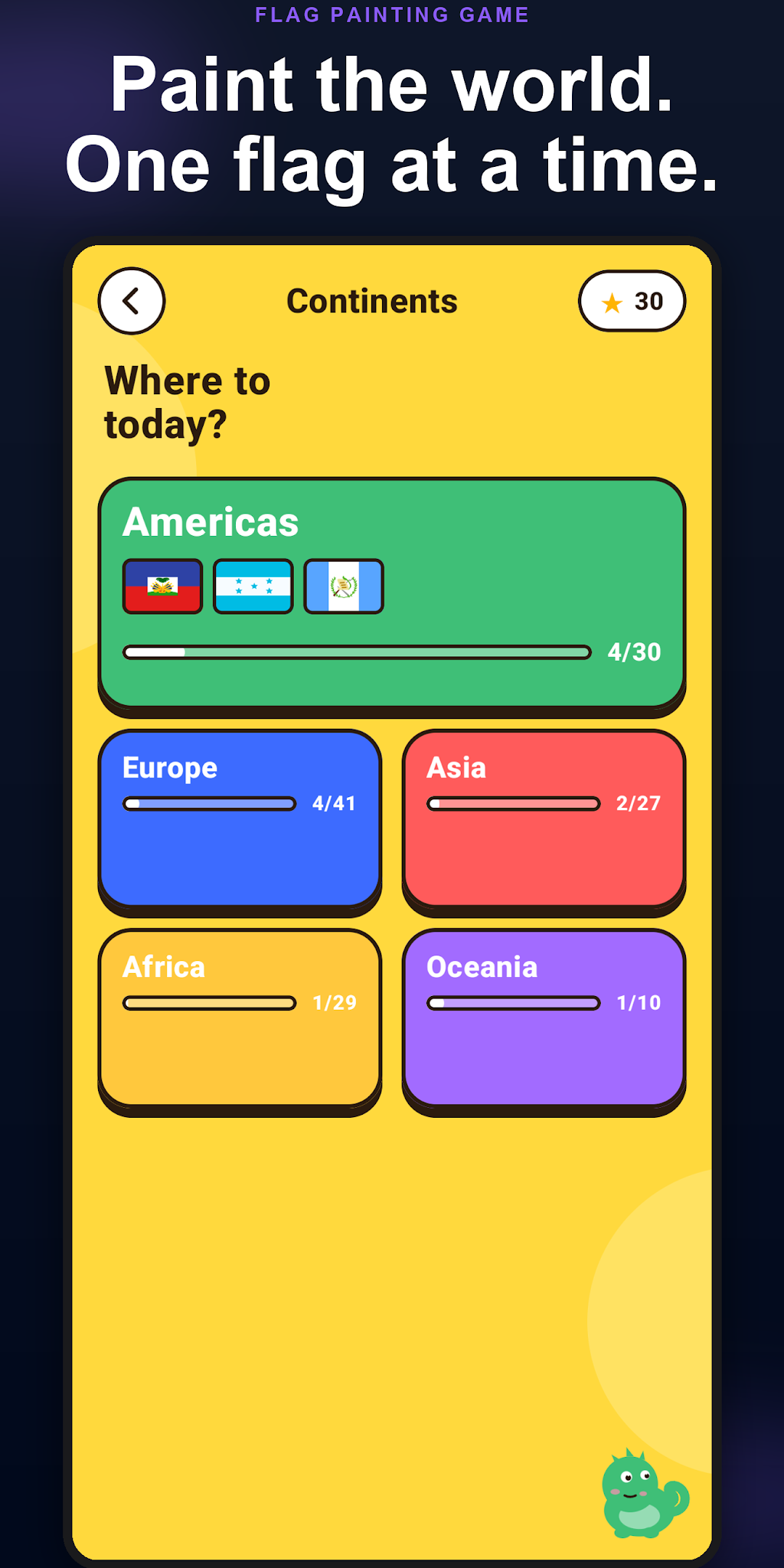 Color Flags continents menu: pick Americas, Europe, Asia, Africa or Oceania and track flag painting progress