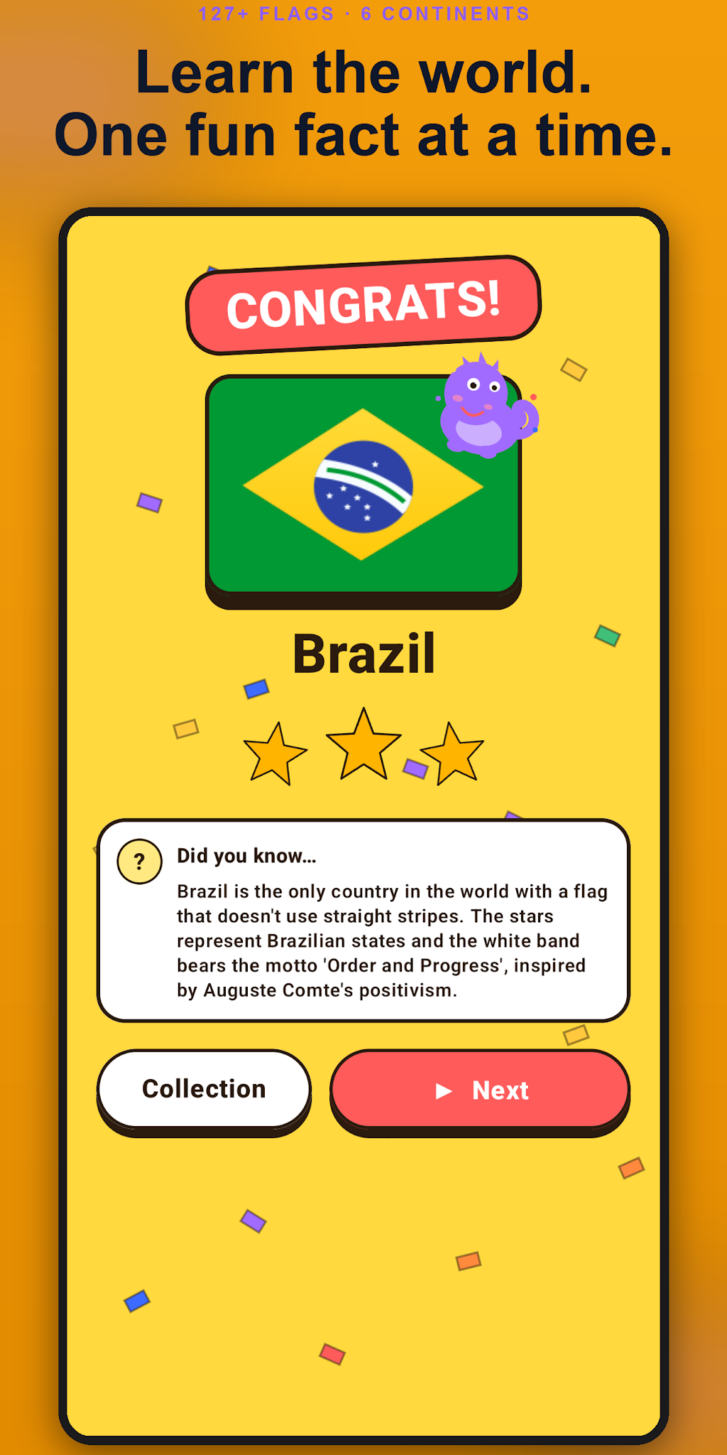 Completed Brazil flag with 3 stars and a fun fact card about the country